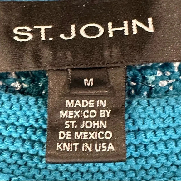 St John Teal Blue Wool Blend Woven Knit Sweater Size Medium - Picture 5 of 9